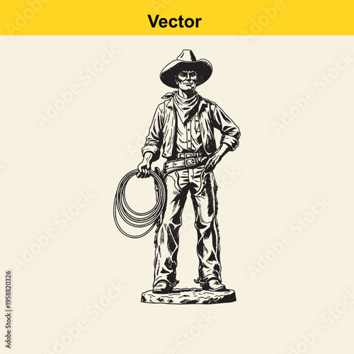 A black and white vector illustration of a confident cowboy standing with a coiled lasso rope