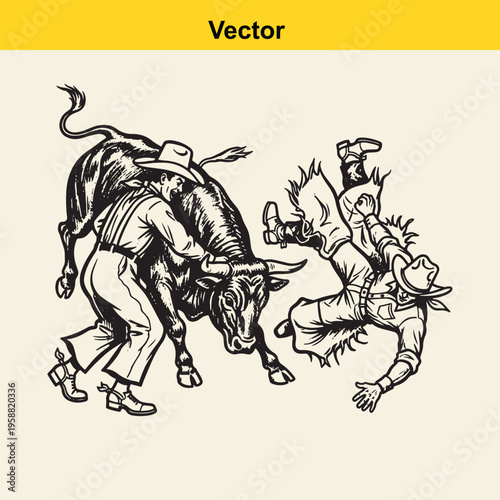 A vintage style black and white illustration of a cowboy being bucked off a wild rodeo bull ride