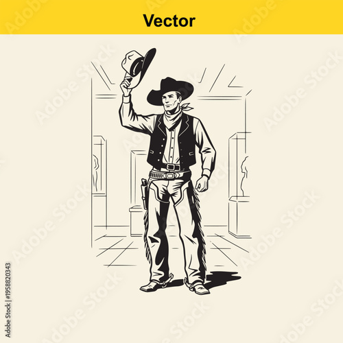 A black and white line art illustration of a polite cowboy tipping his hat in a classic pose