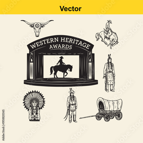 A collection of vintage western heritage awards themed illustrations featuring cowboy motifs