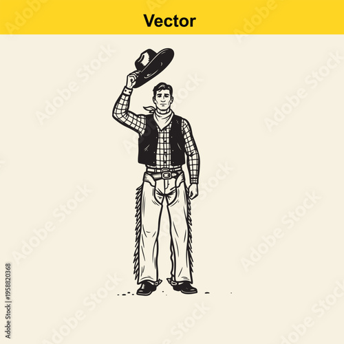 A black and white line art illustration of a friendly cowboy tipping his hat to the viewer today