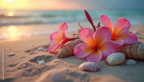 Pink plumeria flowers rest on shells near gentle ocean waves on a sandy beach at sunset. Soft golden light illuminates this tranquil tropical scene, suggesting peaceful summer vacation.