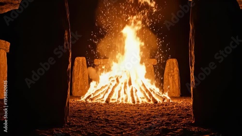 Ancient Ritual Bonfire at Stonehenge at Night.