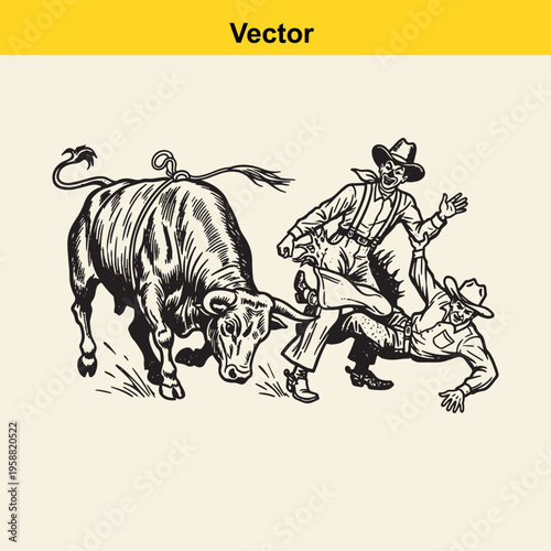 A vintage style black and white illustration of a dangerous bull charging at two fleeing cowboys