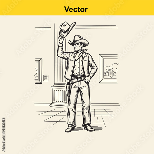 A black and white line art illustration of a polite cowboy tipping his hat in a classic western