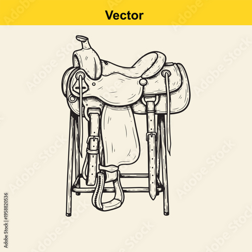 A detailed hand drawn illustration of a classic western horse saddle resting on a wooden stand