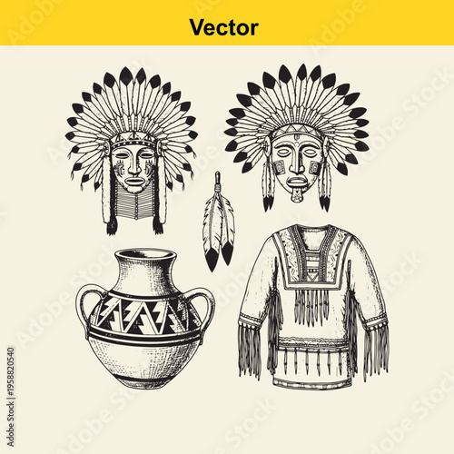 Set of hand drawn native american tribal elements including ceremonial masks pottery and clothing