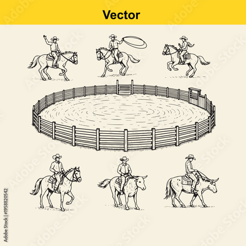 Set of hand drawn illustrations depicting cowboys riding horses and a round wooden rodeo corral