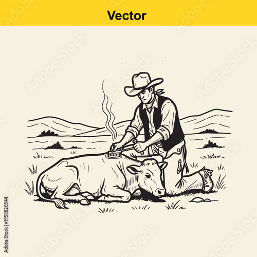 A vintage style black and white line art illustration of a cowboy branding a calf on the range