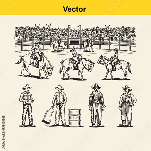 A detailed set of rodeo illustrations featuring cowboys, cowgirls, horses, and performance clowns
