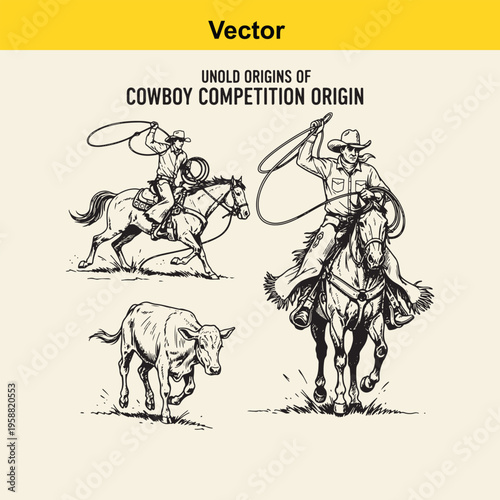 Vintage style illustration of cowboys riding horses and roping cattle in competition settings