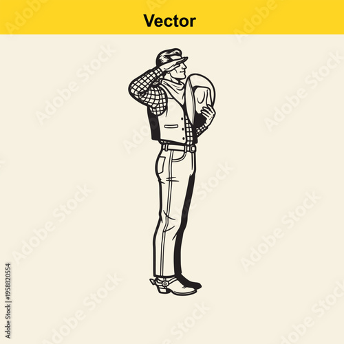 A black and white vector illustration of a standing cowboy saluting while holding his hat aside