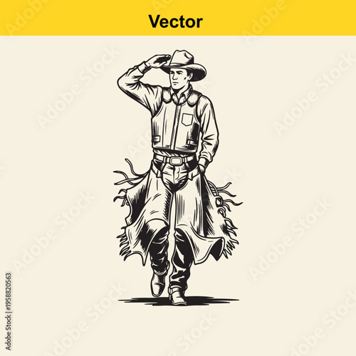 Black and white line art illustration of a rugged cowboy walking forward while tipping his hat