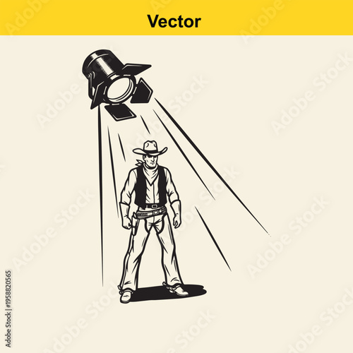 A black and white vector illustration of a lone cowboy standing under a bright stage spotlight