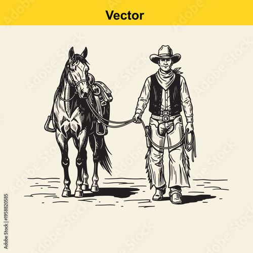 A detailed black and white line art illustration of a western cowboy leading his saddled horse
