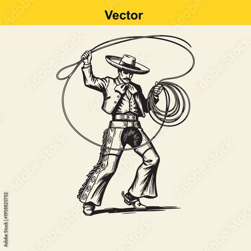 A black and white line art illustration of a traditional mexican charro swinging a lasso rope