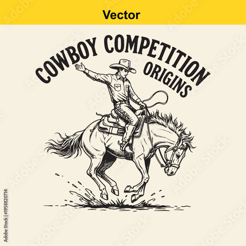 A vintage style illustration of a cowboy riding a bucking horse for a cowboy competition event