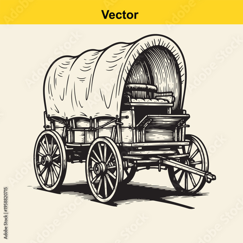 A detailed black and white vintage illustration of a classic covered prairie wagon on display