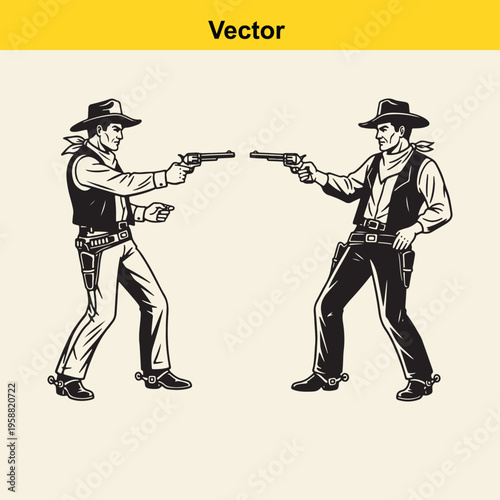 A black and white vector illustration of two cowboys facing each other in a classic gun duel scene