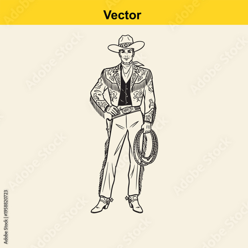A black and white line art illustration of a classic american western cowboy holding a lasso rope
