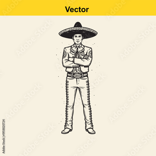 A black and white line art illustration of a traditional mexican charro standing with folded arms