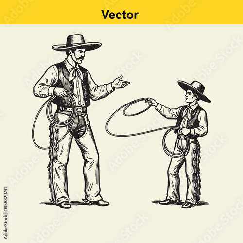 An illustration of a father teaching his young son how to use a lasso in a vintage western style