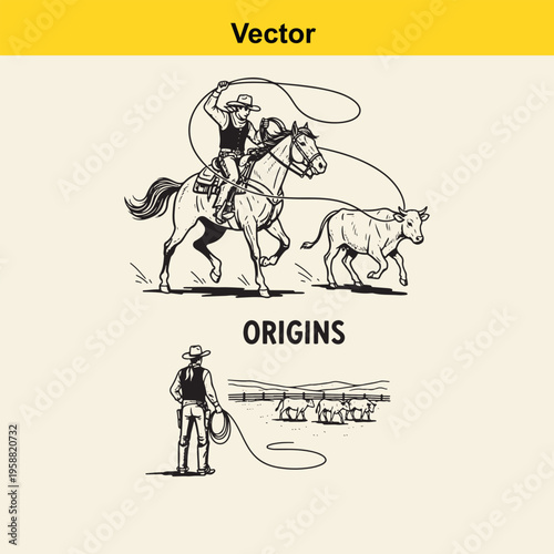 Vintage style illustration of a cowboy roping a calf and a cowboy standing on a ranch property