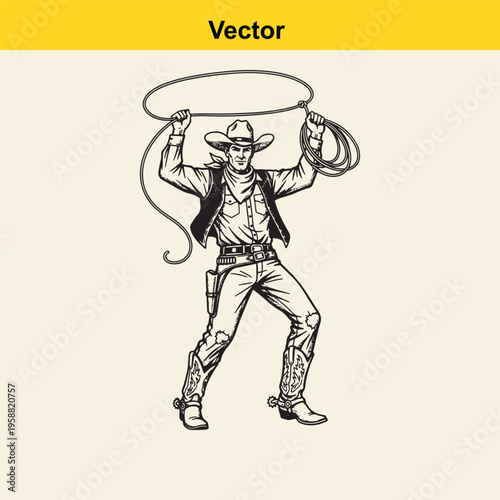 A black and white line art illustration of a rugged cowboy swinging a rope lasso over his head
