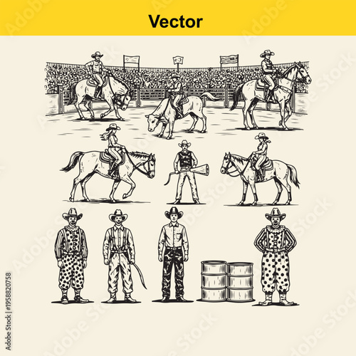 A collection of vintage style rodeo illustrations featuring cowboys, cowgirls, horses and clowns