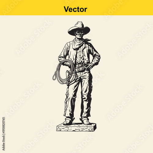Black and white ink illustration of a classic cowboy standing with a coiled lasso in his hand