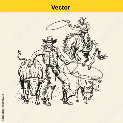 Black and white illustration of a cowboy roping cattle and riding a horse in a western setting