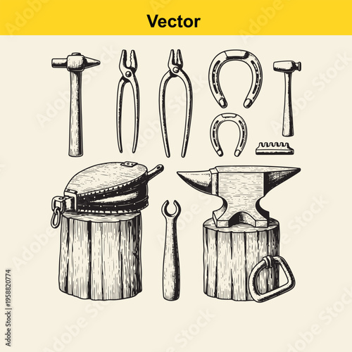 A collection of vintage hand-drawn blacksmith tools including anvils, hammers, and horse shoes