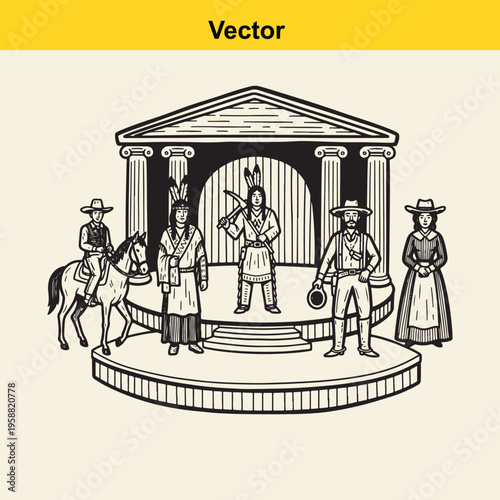 A black and white line art illustration featuring diverse figures in a classic american setting