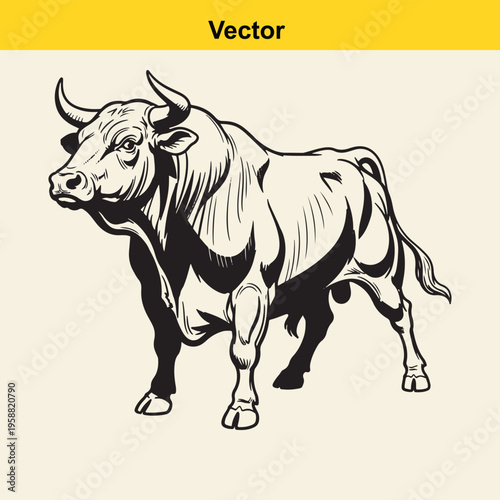 A bold black and white vector illustration of a powerful bull standing in a confident pose