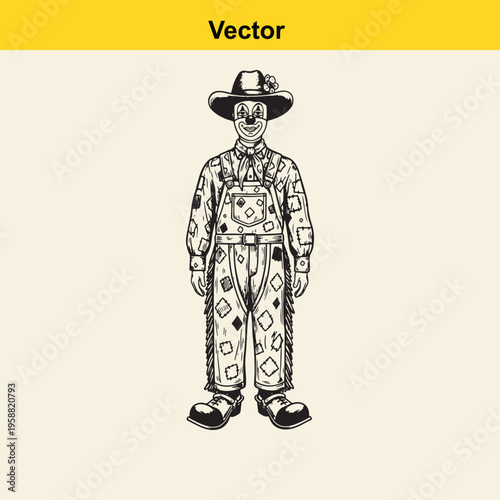 A black and white line art illustration of a cheerful clown dressed in patched farm dungarees