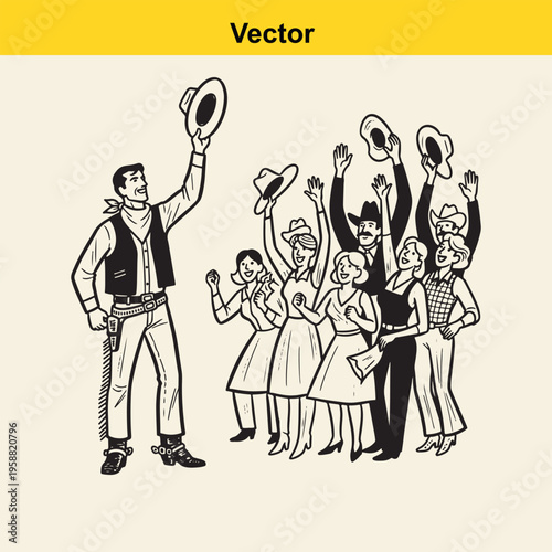 A black and white vector illustration of a friendly cowboy waving to a happy cheering crowd group
