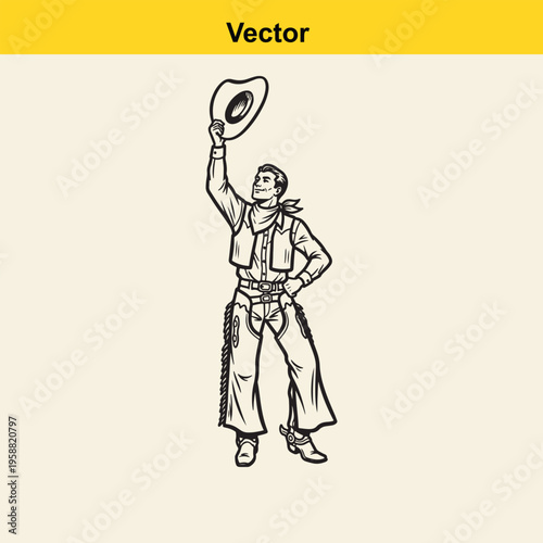 A black and white line art illustration of a smiling cowboy tipping his hat in a friendly gesture