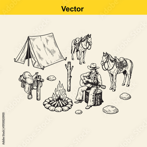 Vintage style hand drawn illustration of a cowboy camping scene with a tent horse and campfire
