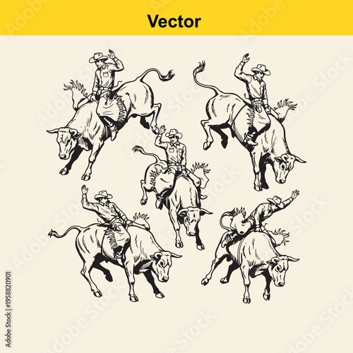 A collection of five illustrations featuring cowboys riding bucking bulls in a rodeo competition