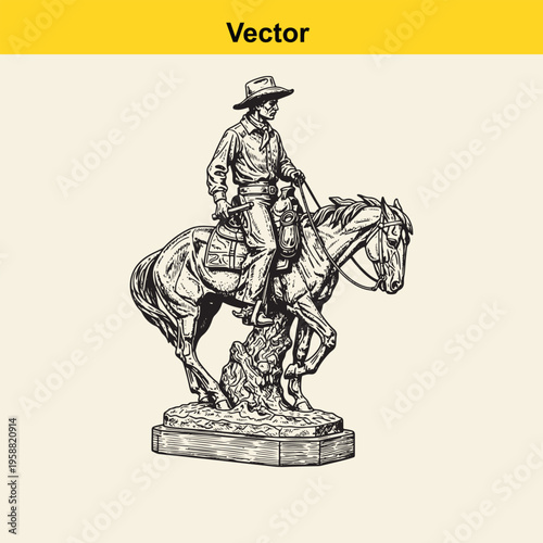 A detailed black and white sketch of a western cowboy riding a horse on a rocky stone pedestal
