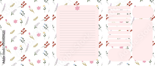 Pastel floral spring planner layout with delicate hand-drawn flowers and leaves on a soft white background