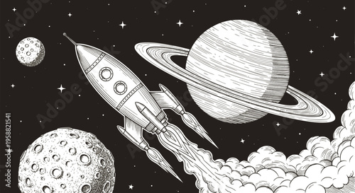 Space rocket launch from alien spaceport, science fiction poster. Vector illustration stylized as a pencil drawing. EPS version.