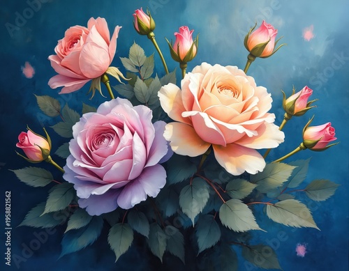 Soft pastel roses bloom on dark blue background. Delicate floral bouquet illustration with light pink, cream colors. Gentle petals and green leaves create romantic, elegant composition.