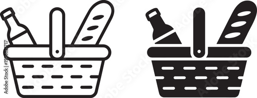 Minimalist Picnic Basket with Bread and Beverages Vector Icons 