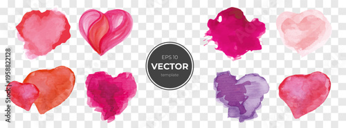 Set of vibrant watercolor heart shapes in various colors and styles.