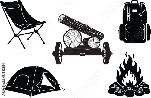Camping silhouette icons featuring chair tent fire backpack and cannon