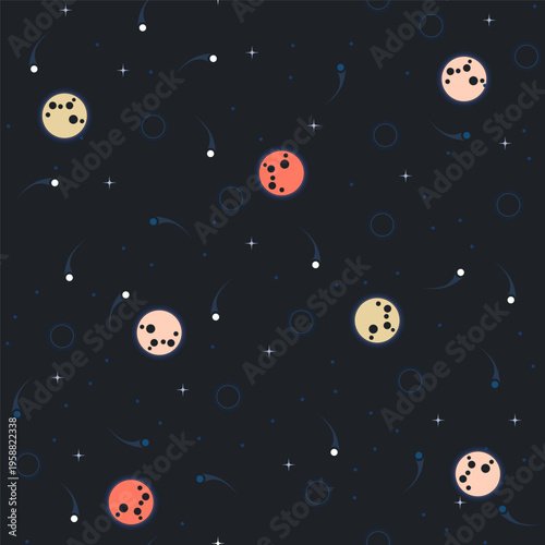 Colorful celestial-themed pattern with planets and stars on a dark background.