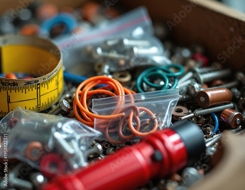 Close-up view of messy junk drawer filled with tools nuts bolts rubber bands batteries tape measure, flashlight. Organized chaos of repair supplies visible. Clutter ready for spring cleaning.
