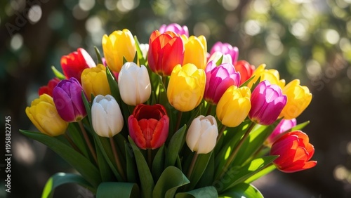 Colorful mixed tulip bouquet with yellow white purple and red blooms for spring banner background and festive design