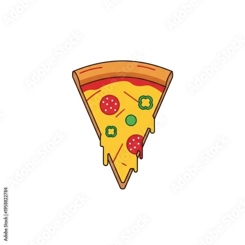 Cute colorful cartoon pizza slice with melting cheese and pepperoni.